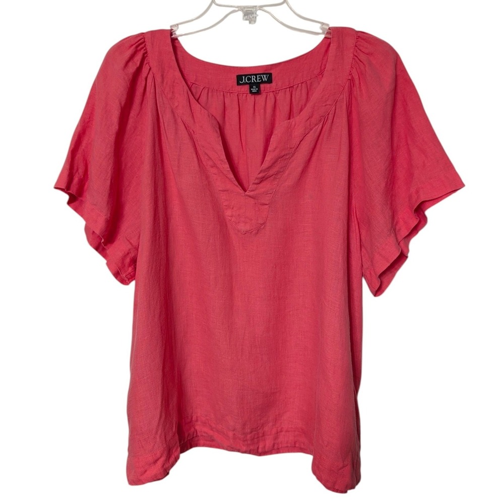 J.Crew‎ Pink Linen Split V-Neck Flutter Sleeve Blouse Top Size XL Summer Womens